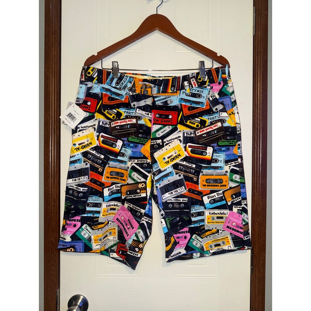 NWT Loudmouth Sz 34 Party Mix Cassette Tape Golf Shorts Multicolor Retro 80s 90s